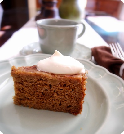 spice cake on plate with tea