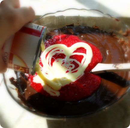 sweetened condensed milk and raspberries