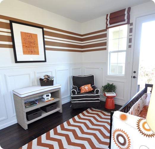 black chair white piping orange stool