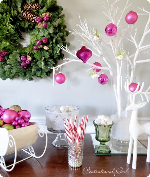 wreath and ornaments on sideboard