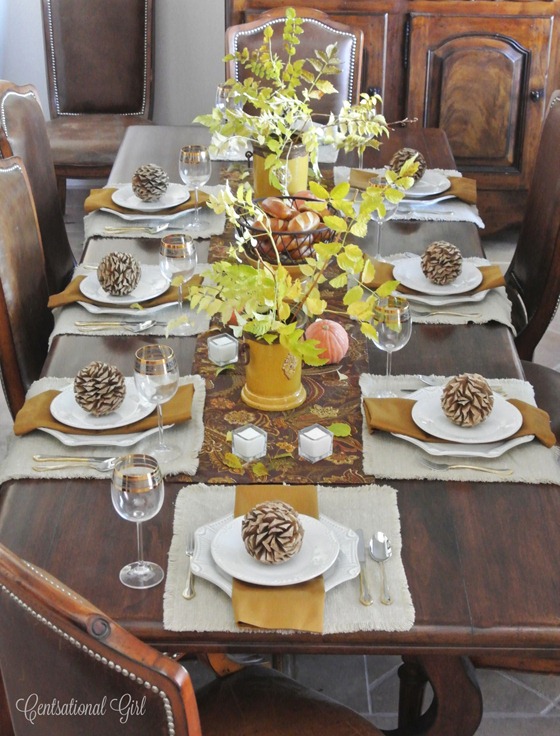 thanksgiving table with mustard accents