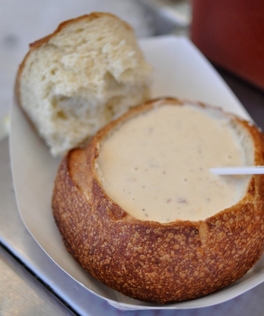 clam chowder in bread bowl