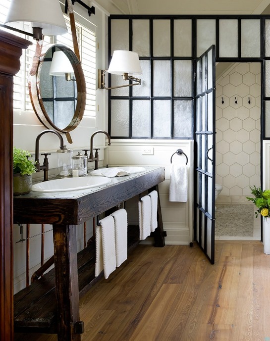 mixed wood tones in bathroom