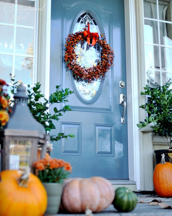 berry wreath blue door fall porch