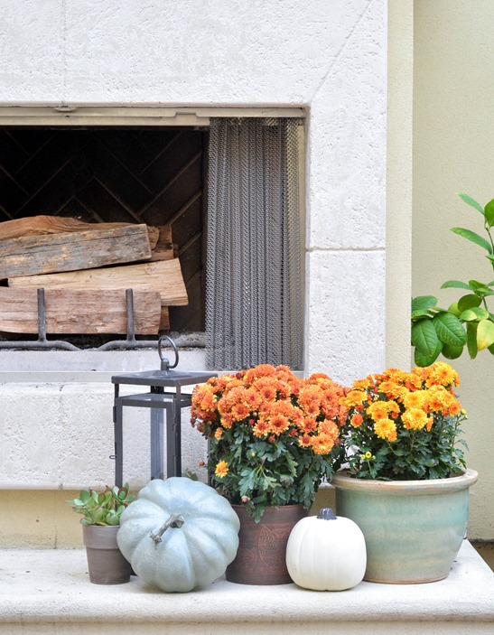 mums pumpkins on fireplace