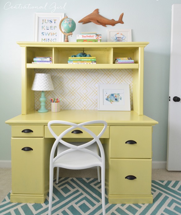 painted yellow desk hutch