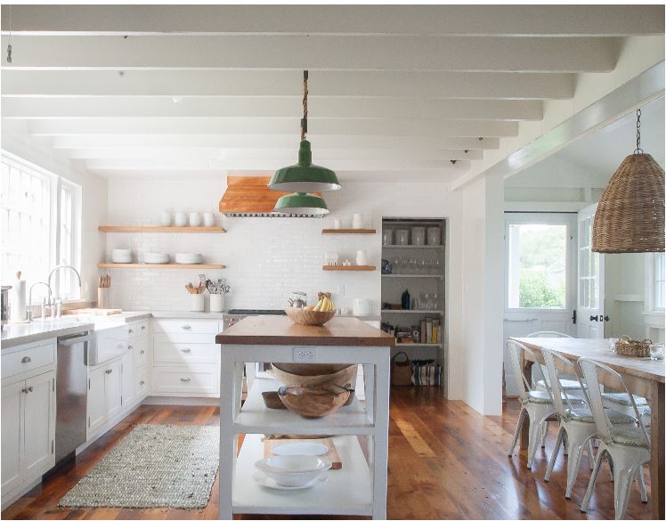 cottage white kitchen and dining room