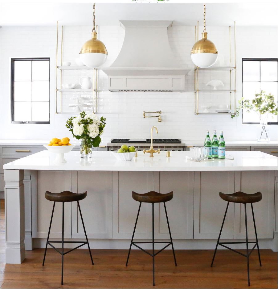 Suspended Brass Shelving In Gray Kitchen 